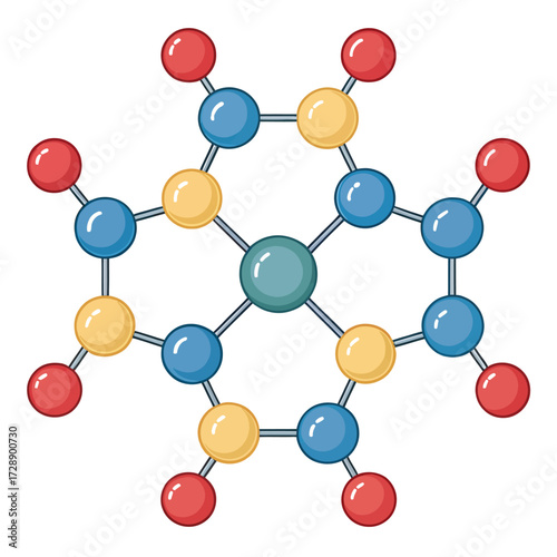 Stylized molecular structure icon with color-coded atoms and hexagonal geometry isolated on white background