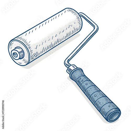 Stylized paint roller illustration with textured grip and rotating frame in blue sketch style isolated on white background