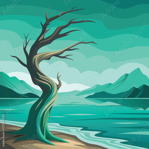 Twisted dead tree by a calm lake with distant mountains