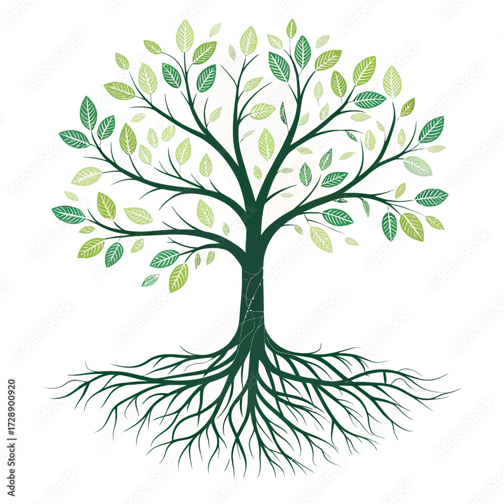 Fototapeta premium Stylized tree icon with expansive root system and lush green foliage isolated on white background