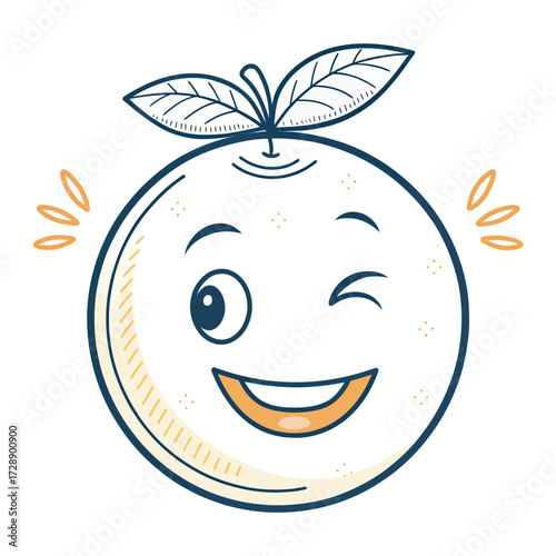 Stylized cartoon orange fruit icon with smiling face, winking eye, and green leafy top isolated on white background