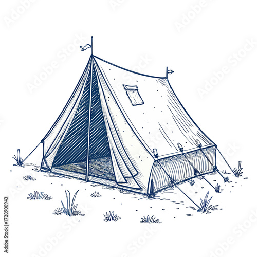 Stylized canvas tent illustration with open flap, flags, and grassy base isolated on white background