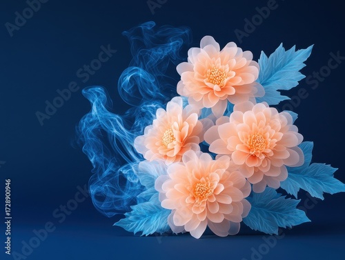 Soft peach flowers with blue smoke