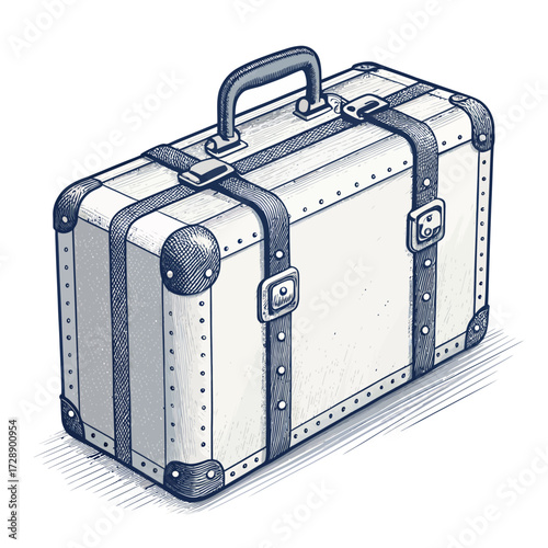 Stylized vintage suitcase icon with reinforced corners, straps, and metal latches isolated on white background