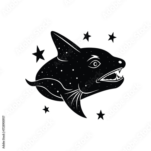 Chimaera head floating with cosmic stars around vector art illustration