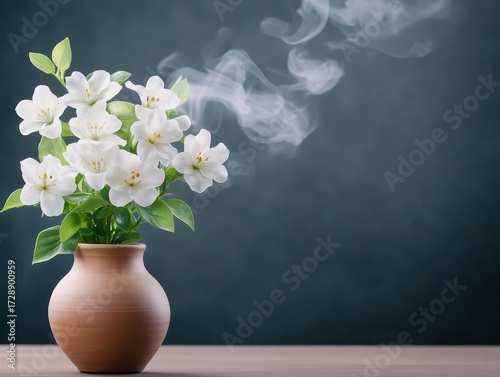 White flowers in a vase, steaming