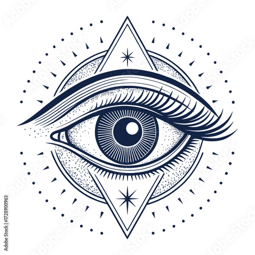 Stylized all-seeing eye icon with geometric star pattern and dotted circular background isolated on white
