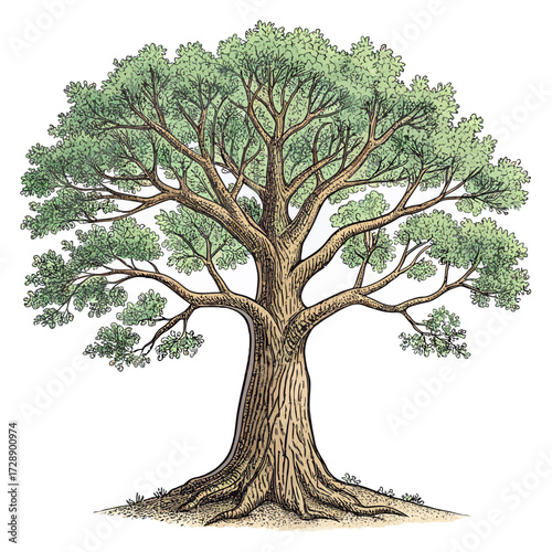 Stylized deciduous tree illustration with full canopy, textured trunk, and spreading roots isolated on white background