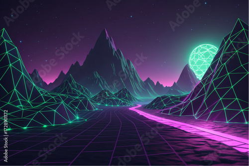 Abstract low poly terrain glowing with neon purple and green, futuristic cyberpunk style, dark cinematic mood