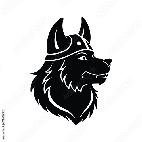 Chow Shepherd head with Viking helmet silhouette vector art illustration