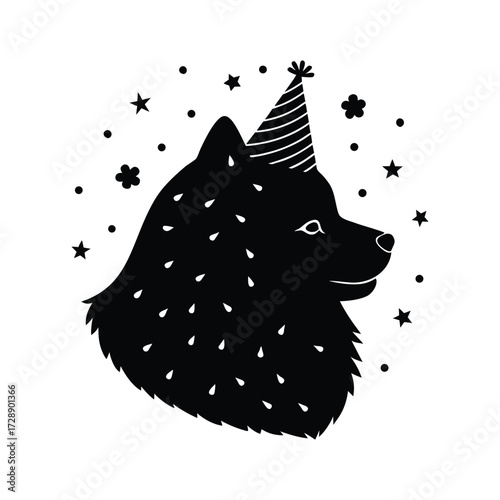 Chow Pom head with party hat and confetti silhouette vector art illustration