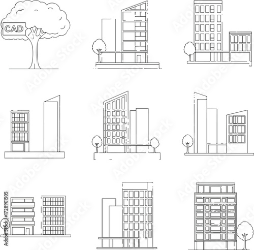Isolated a kinds of deferent Architectural Drawings, Minimal style cad tree line drawing, Side view, set of section city street building outline for landscape design drawing in seperate  vector art.