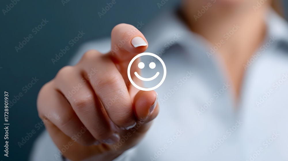 Fototapeta premium A person's hand reaching out to press a positive, smiley face icon on a touchscreen or digital device interface, providing feedback or a rating.