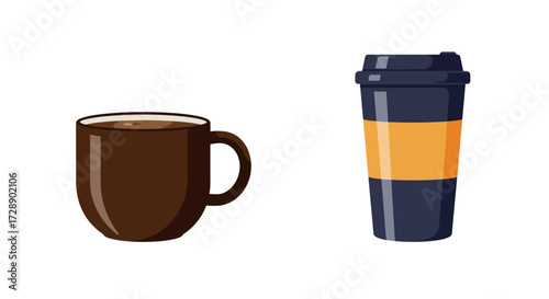 A dark brown mug and a dark blue travel cup with an orange band