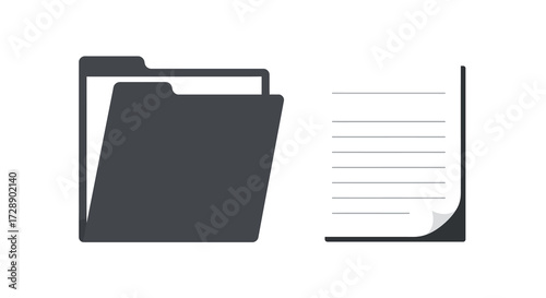 A dark gray open folder icon and a lined paper icon with a curled corner
