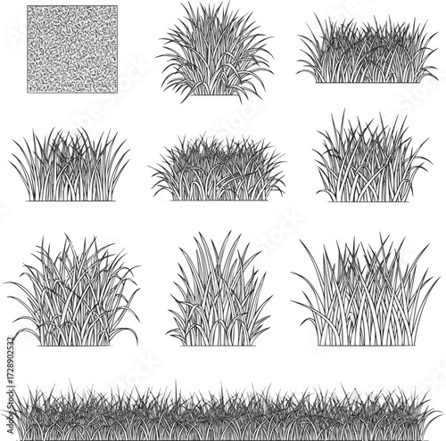  Isolated a kinds of deferent grass section for ground decoration architect drawing cad line vector art with white background.