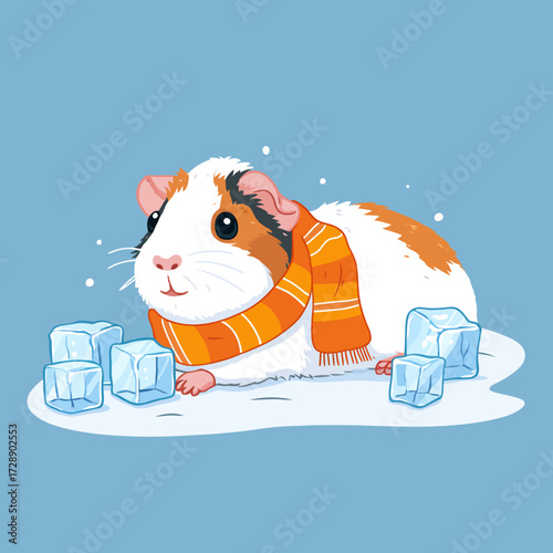 Cartoon guinea pig with a scarf, sitting on snow with ice cubes on a light blue background