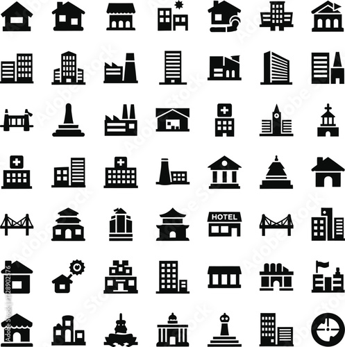 Collection of diverse building icons and silhouettes