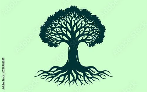 A majestic, stylized tree with intricate branches and deep roots, symbolizing growth, life, and nature's strength, set against a serene, light green background