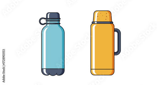 Flat illustration of a blue reusable water bottle and a yellow thermos flask