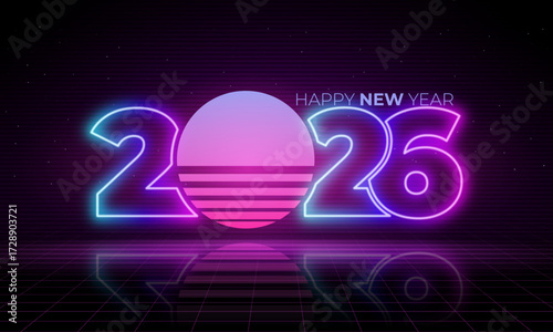 2026 Text Design. Vector 2026 neon Illustration Design Element for New Year 2026 Social Media Post, Greeting Card, Banner, Poster, Retro Text Effect, vintage style of eighties, cyberpunk style