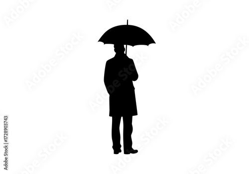 Silhouette of a person under an umbrella, standing outdoors.