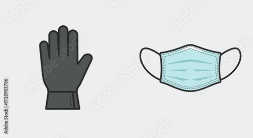 Illustration of a dark glove and a light blue surgical face mask