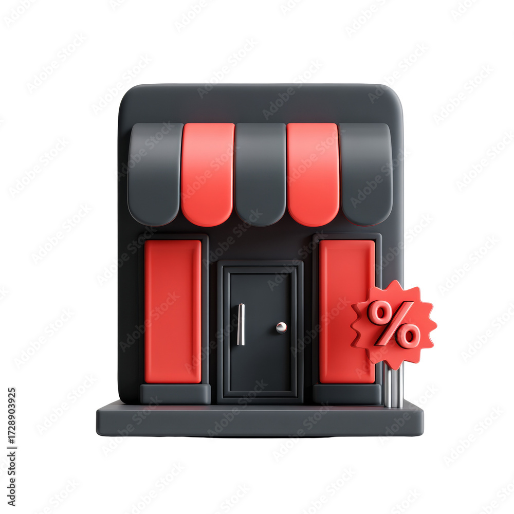 Obraz premium Stylized store rendering, vibrant red sale accents, modern architecture, isolated for design