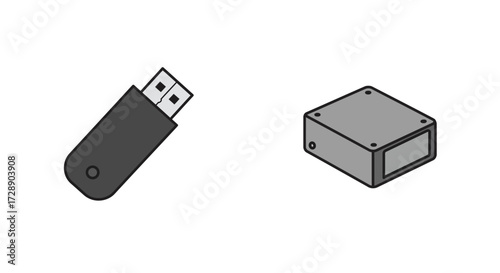 Illustration of a USB flash drive and a small gray electronic enclosure