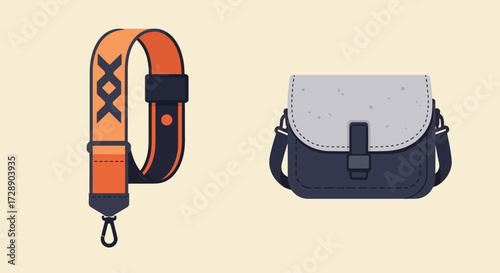 Illustration of an orange strap and a navy messenger bag on beige