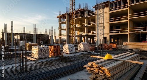 Construction site progress with concrete structures and stacked building materials under a clear sky, showcasing development and urban growth