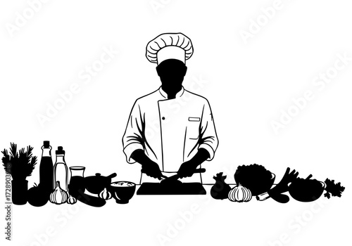 A silhouette of a chef preparing food with a collection of ingredients and tools.