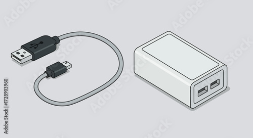 Isometric illustration of a USB cable and a dualport wall charger