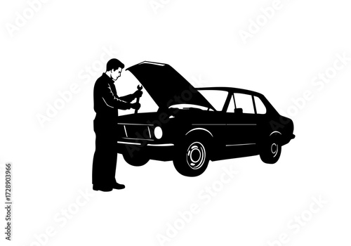 A mechanic inspects an old car.
