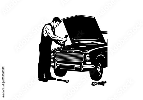 A mechanic carefully working on a car with the hood up.