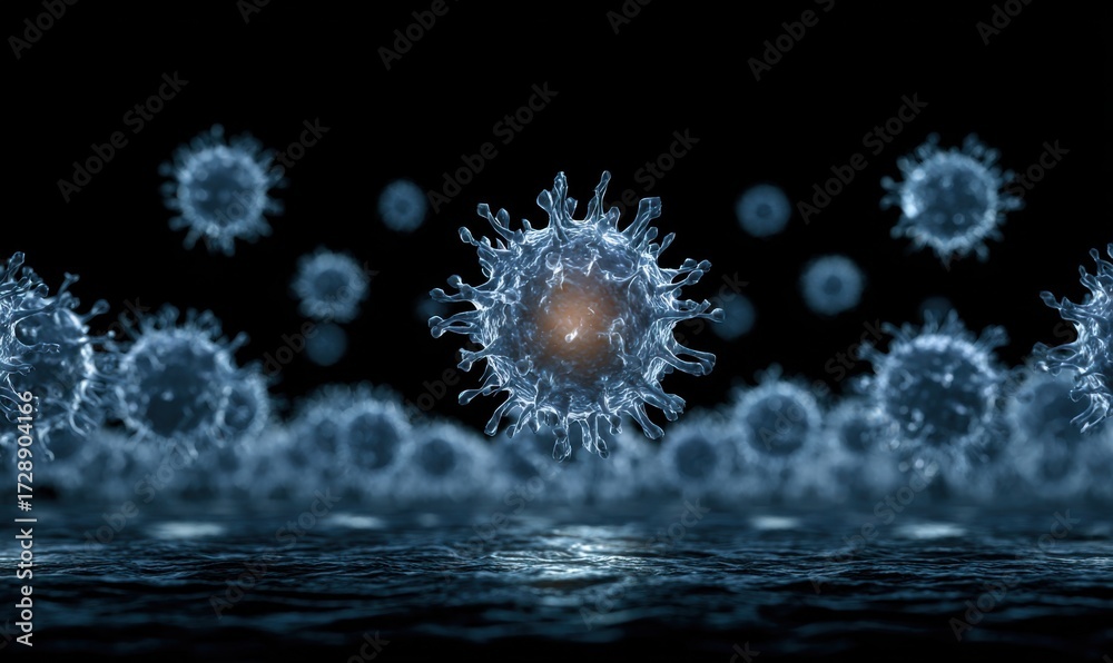 Fototapeta premium Virus clusters reflected on dark water