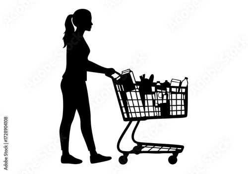 Silhouette of a person pushing a fully loaded shopping cart.