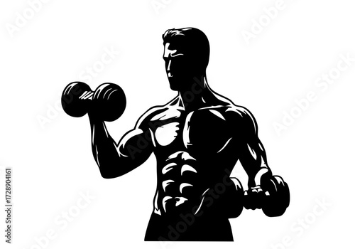Strong silhouette of a person weight training with dumbbells.