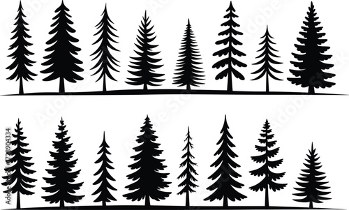 Black silhouette illustration of pine and fir trees, evergreen forest vector set of conifer shapes isolated on white background