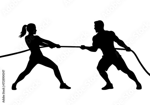 Silhouette of a man and woman engaged in a tug-of-war competition, depicting a test of strength and determination.