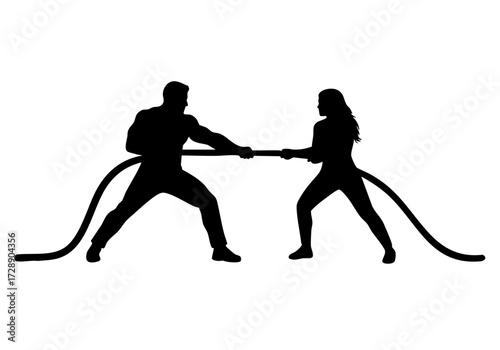 A man and a woman engage in a tug-of-war, creating a graphic illustration.