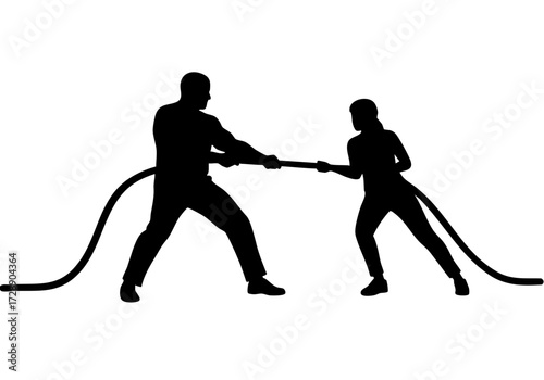 Silhouette of a man and a woman engaged in a tug-of-war, representing a struggle or competition.