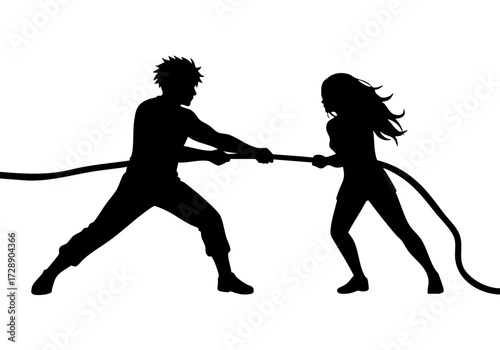 Silhouette of a man and woman in a tug-of-war competition, symbolizing conflict and competition.