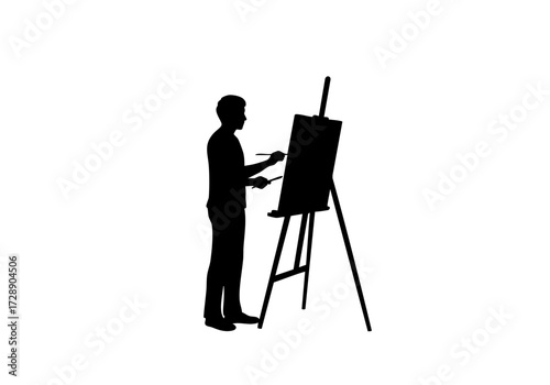 Artist silhouette creating art on a wooden easel, a moment of creative process.