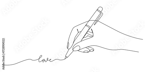 Hand Holding a pen writes the word LOVE.Valentine day background with handwriting love icon