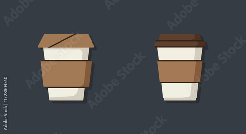 Two stylized flat design disposable coffee cups on a dark background