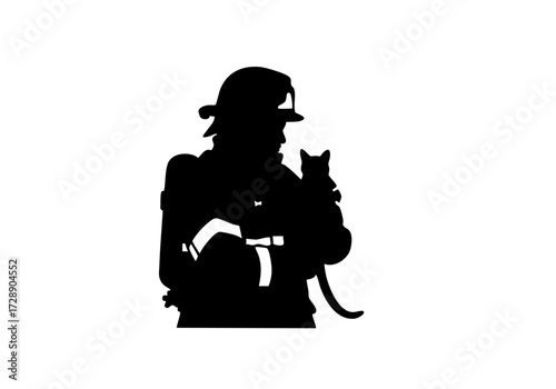 A firefighter silhouette rescuing a cat. 