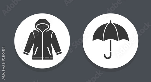 Two monochrome icons a hooded jacket and an umbrella on a dark gray background