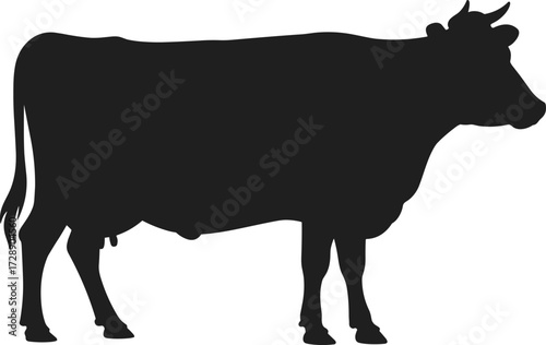 Black silhouette of a standing cow in profile view, farm animal illustration, livestock vector graphic isolated on white background