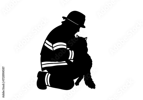 A silhouette of a firefighter embracing a rescued animal, representing compassion and bravery.